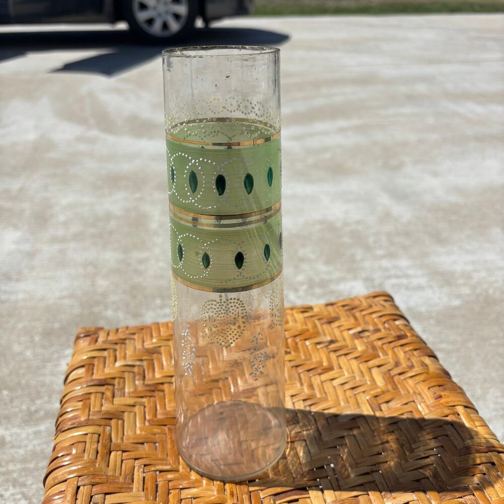 Vtg Art Glass Green Gold  Cyllinder Vase 9 1/2” tall MCM Mid Century